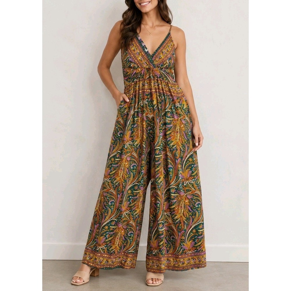 Boho Paisley Wide Leg Jumpsuit Made In India One Size M/L Festival Resort